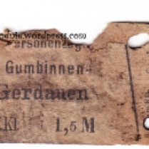 Bilet kolejowy, odcinek Gumbinnen/Gusiew-Gerdauen/Żeleznodorożnyj. Datownik: 08.03.1895.